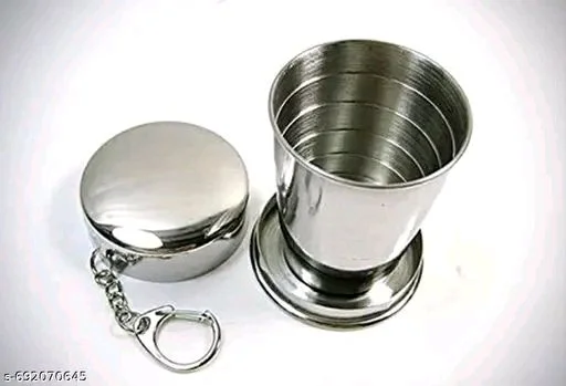 PRIMIYARA Small Foldable Glass Compact Portable Folding Stainless Steel Travel Mug - 120ml Water Cup with Hanging Chain for Camping, Hiking & Outdoor PACK OF 1