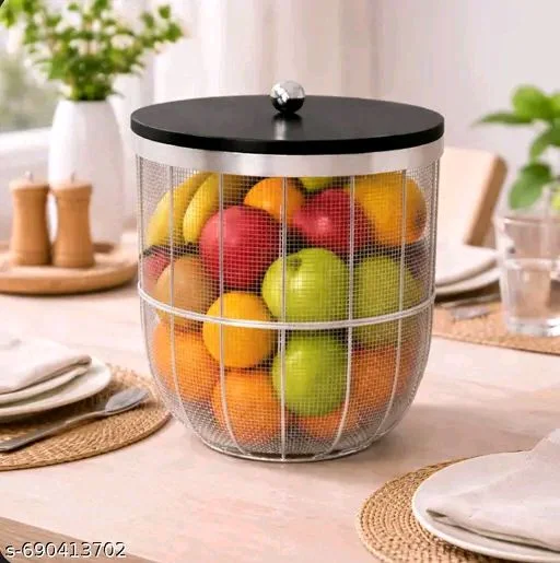 New Modern Insect-Free Metal Fruit Basket/Bowl with Lid – Perfect for Fruits, Vegetables, and Home Décor, Durable Design, 22x24cm (Silver)