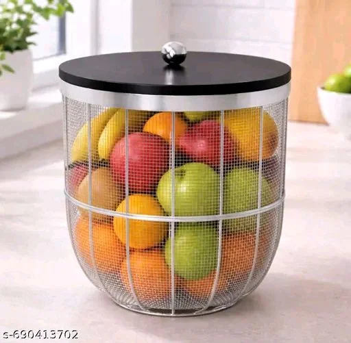 New Modern Insect-Free Metal Fruit Basket/Bowl with Lid – Perfect for Fruits, Vegetables, and Home Décor, Durable Design, 22x24cm (Silver)