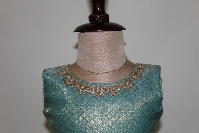 Elegant Traditional Baby Frock with Blue Border - 0-6 Month