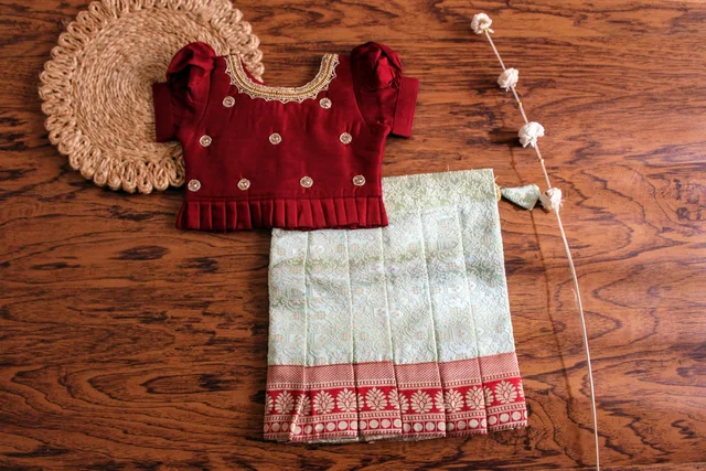 Classic Maroon and Mint Green Traditional Baby Pavada Set
