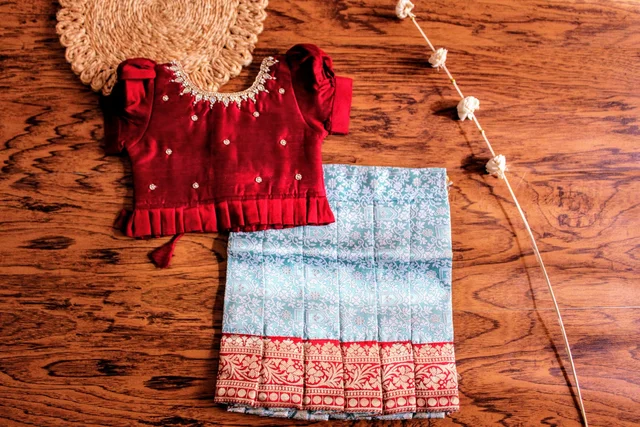 Elegant Maroon and Sky Blue Traditional Baby Pavada Set 
