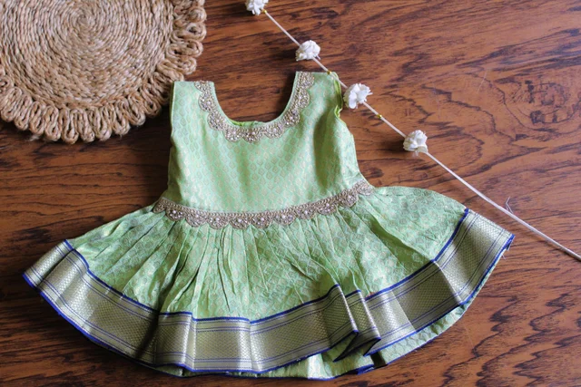 Elegant Traditional Baby Frock Mint Green with Blue Border