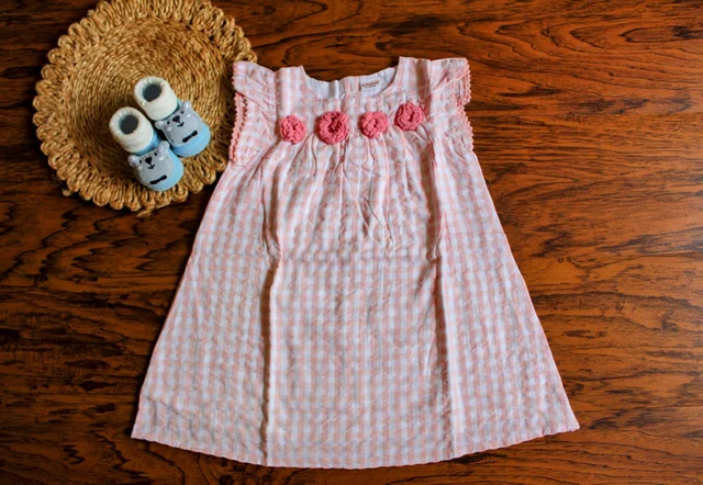  Peach Rosette Gingham Baby Dress