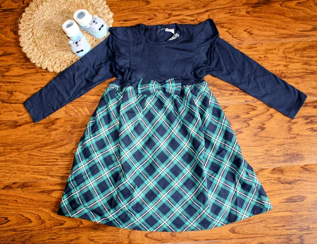 Navy & Plaid Bow Accent Long Sleeve Girl’s Dress