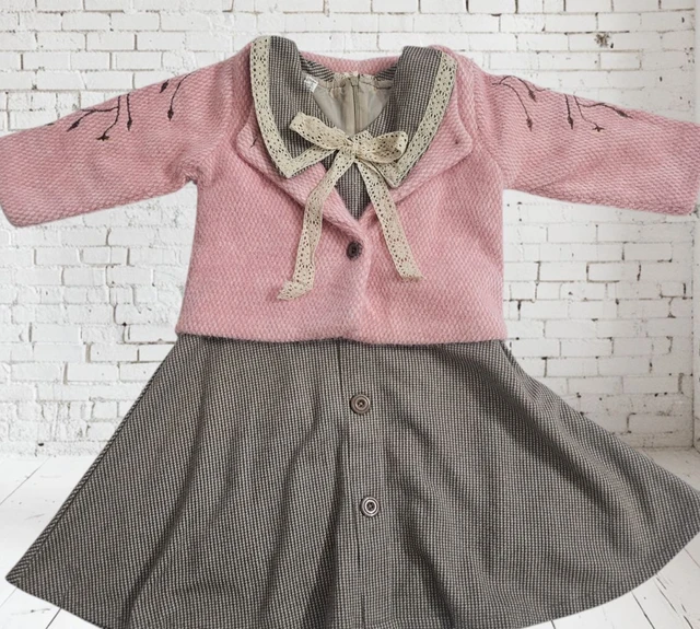 Elegant Girls' Tweed Frock with Pink Knit Jacket Set