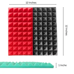 URBAN-X Pyramid Soundproofing Studio Acoustic Foam 1'x1' - 1 Inches 50D High Density, Soundproof Foam, Noise Reduction Panels, Echo Absorption - Pack of 18 + 1 Adhesive Spray, Black & Red, 25mm Thickness