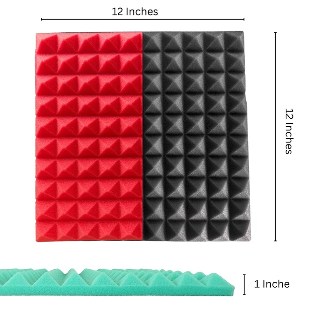 URBAN-X Pyramid Soundproofing Studio Acoustic Foam 1'x1' - 1 Inches 50D High Density, Soundproof Foam, Noise Reduction Panels, Echo Absorption - Pack of 18 + 1 Adhesive Spray, Black & Red, 25mm Thickness