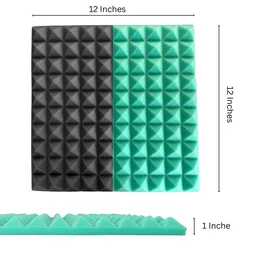 URBAN-X Pyramid Soundproofing Studio Acoustic Foam 1'x1' - 1 Inches 50D High Density, Soundproof Foam, Noise Reduction Panels, Echo Absorption - Pack of 18 + 1 Adhesive Spray, Black & Aqua Green, 25mm Thickness