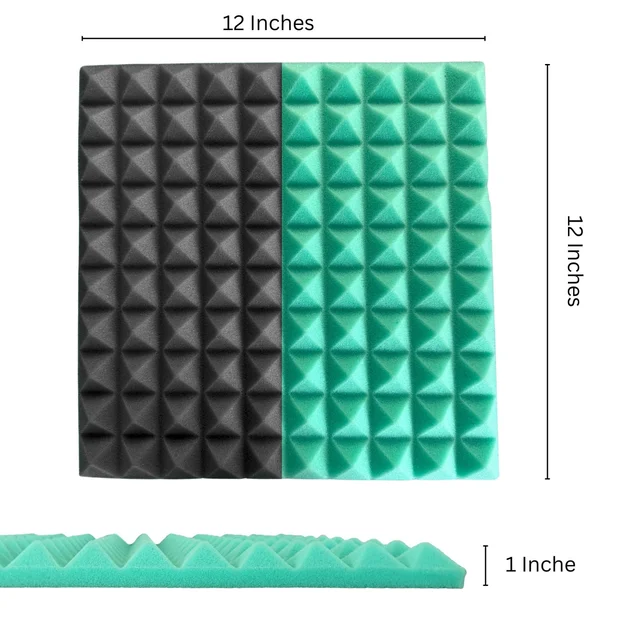 URBAN-X Pyramid Soundproofing Studio Acoustic Foam 1'x1' - 1 Inches 50D High Density, Soundproof Foam, Noise Reduction Panels, Echo Absorption - Pack of 18 + 1 Adhesive Spray, Black & Aqua Green, 25mm Thickness