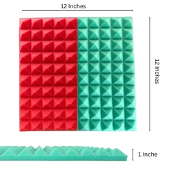 URBAN-X Pyramid Soundproofing Studio Acoustic Foam 1'x1' - 1 Inches 50D High Density, Soundproof Foam, Noise Reduction Panels, Echo Absorption - Pack of 108 + 2 Adhesive Spray, Aqua Green and Red, 25mm Thickness