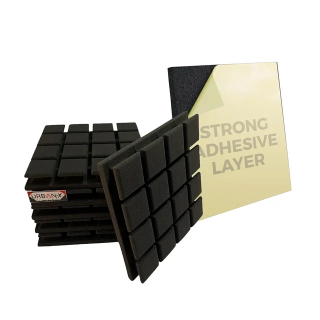 Urban-X URBAN-X Turbo Soundproofing Studio Acoustic Foam 1'x1' - 2 Inches 50D High Density, Soundproof Foam, Noise Reduction Panels, Echo Absorption - Set of 108, Black, Self Adhesive