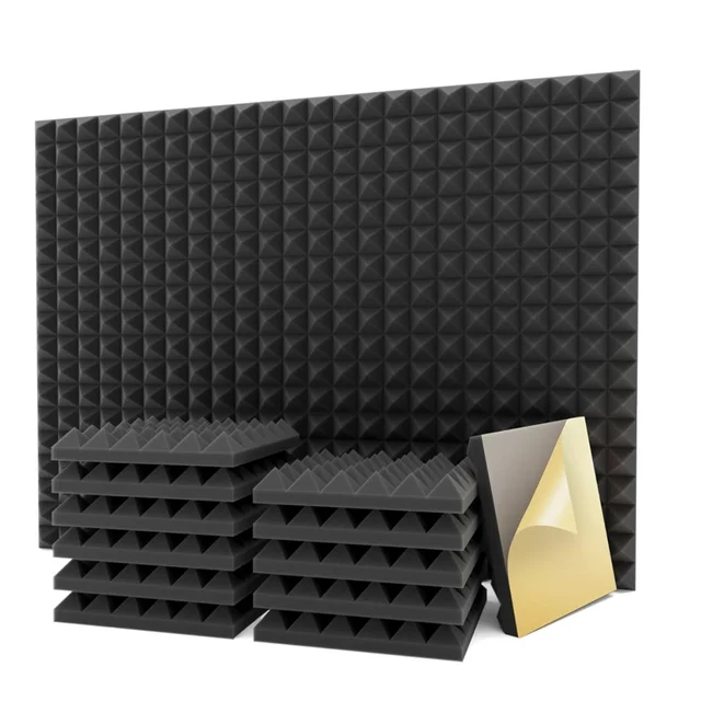 URBAN-X® Pyramid Acoustic Foam Soundproofing Studio 1'x1' ft. - 2 Inches High Density, Soundproof Foam, Noise Reduction Panels, Echo Absorption - Set of 36, Black, Pyramid Acoustic Foam Self Adhesive