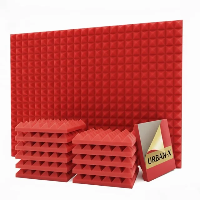 URBAN-X® Pyramid Acoustic Foam Soundproofing Studio 1'x1' ft. - 2 Inches High Density, Soundproof Foam, Noise Reduction Panels, Echo Absorption - Set of 36, Red, Pyramid Acoustic Foam Self Adhesive