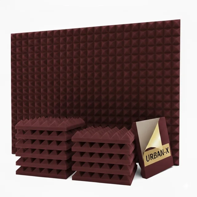 URBAN-X® Pyramid Acoustic Foam Soundproofing Studio 1'x1' ft. - 2 Inches High Density, Soundproof Foam, Noise Reduction Panels, Echo Absorption - Set of 54, Wine, Pyramid Acoustic Foam Self Adhesive