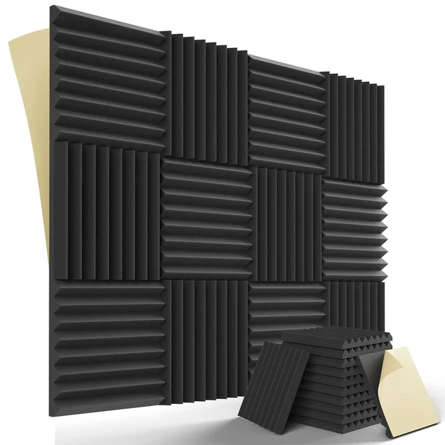 URBAN-X® Wedge Soundproofing Studio Acoustic Foam 1'x1' - 2 Inches 50D High Density, Soundproof Foam, Noise Reduction Panels, Echo Absorption - Set of 12, Black, Wedge Acoustic Foam Self Adhesive