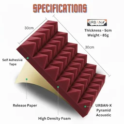 URBAN-X® Pyramid Acoustic Foam Soundproofing Studio 1'x1' ft. - 2 Inches High Density, Soundproof Foam, Noise Reduction Panels, Echo Absorption - Set of 6, Wine, Pyramid Acoustic Foam Self Adhesive