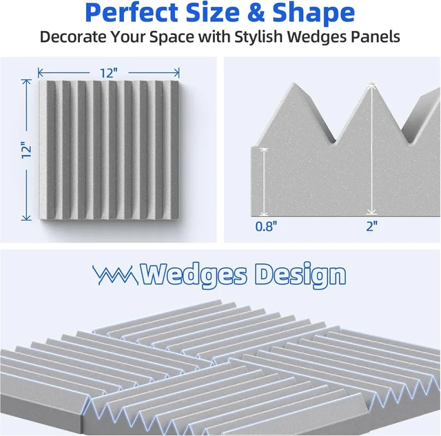 URBAN-X® Wedge Soundproofing Studio Acoustic Foam 1'x1' - 2 Inches 50D High Density, Soundproof Foam, Noise Reduction Panels, Echo Absorption - Set of 36, Stone White, Wedge Acoustic Foam Self Adhesive