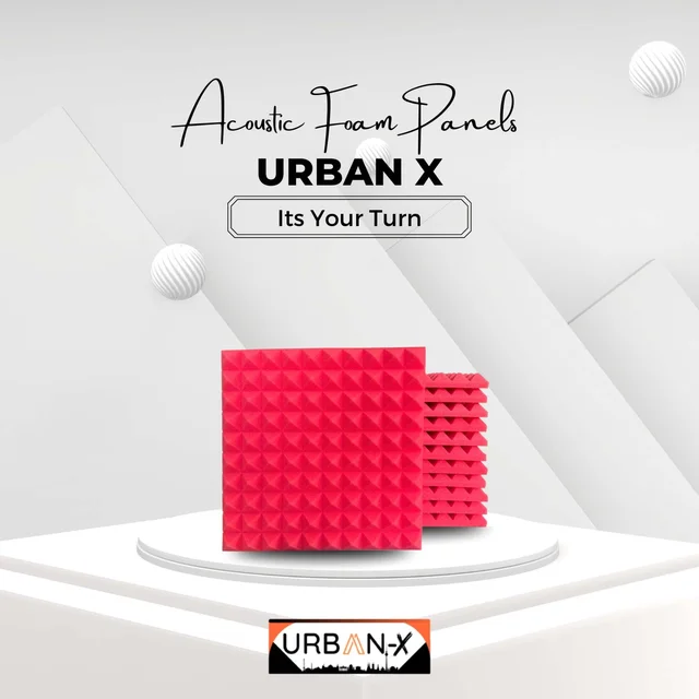 URBAN-X Pyramid Soundproofing Studio Acoustic Foam 1'x1' - 1 Inches 50D High Density, Soundproof Foam, Noise Reduction Panels, Echo Absorption - Pack of 180 + 3 Adhesive Spray, Red, 25mm Thickness