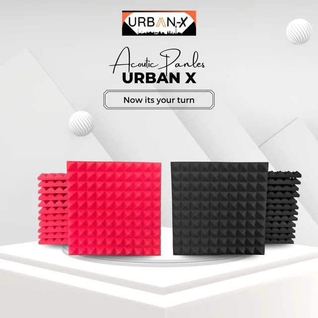 URBAN-X Pyramid Soundproofing Studio Acoustic Foam 1'x1' - 1 Inches 50D High Density, Soundproof Foam, Noise Reduction Panels, Echo Absorption - Pack of 18 + 1 Adhesive Spray, Black & Red, 25mm Thickness