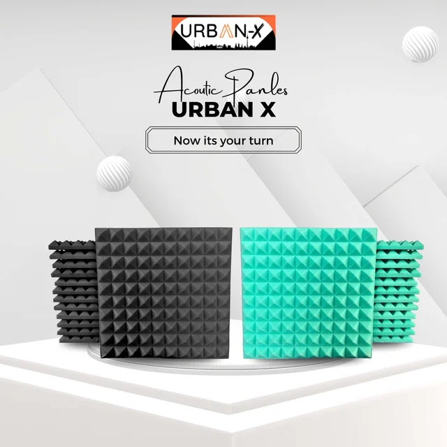 URBAN-X Pyramid Soundproofing Studio Acoustic Foam 1'x1' - 1 Inches 50D High Density, Soundproof Foam, Noise Reduction Panels, Echo Absorption - Pack of 18 + 1 Adhesive Spray, Black & Aqua Green, 25mm Thickness