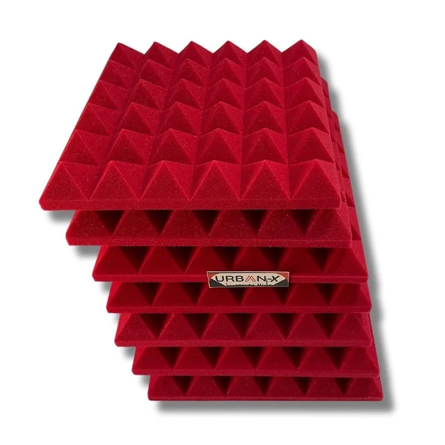 Urban-X URBAN-X® Pyramid Soundproofing Studio Acoustic Foam 1'x1' ft. - 2 Inches 50D High Density, Soundproof Foam, Noise Reduction Panels, Echo Absorption - Set of 36, Red