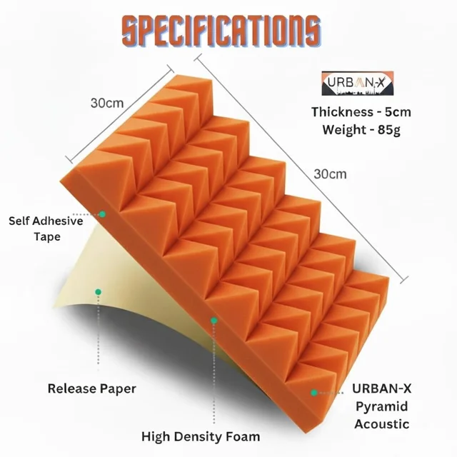 URBAN-X® Pyramid Acoustic Foam Soundproofing Studio 1'x1' ft. - 2 Inches High Density, Soundproof Foam, Noise Reduction Panels, Echo Absorption - Set of 12, Orange, Pyramid Acoustic Foam Self Adhesive
