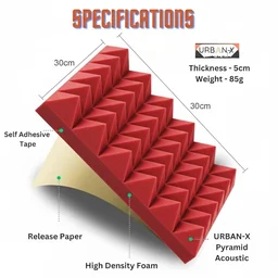 URBAN-X® Pyramid Acoustic Foam Soundproofing Studio 1'x1' ft. - 2 Inches High Density, Soundproof Foam, Noise Reduction Panels, Echo Absorption - Set of 36, Red, Pyramid Acoustic Foam Self Adhesive