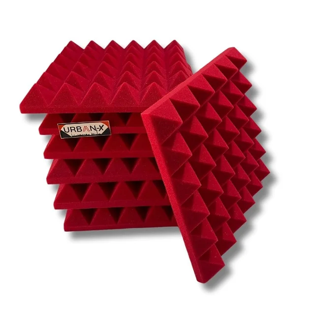 URBAN-X® Pyramid Acoustic Foam Soundproofing Studio 1'x1' ft. - 2 Inches High Density, Soundproof Foam, Noise Reduction Panels, Echo Absorption - Set of 36, Red, Pyramid Acoustic Foam Self Adhesive