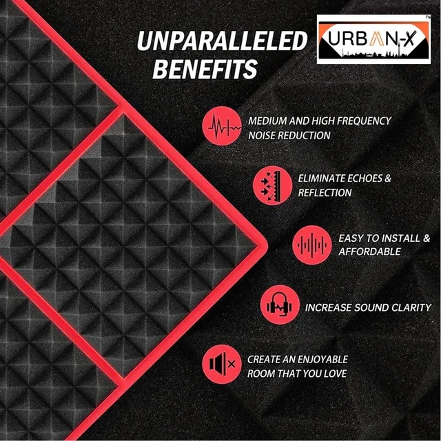 URBAN-X® Pyramid Acoustic Foam Soundproofing Studio 1'x1' ft. - 2 Inches High Density, Soundproof Foam, Noise Reduction Panels, Echo Absorption - Set of 12, Orange, Pyramid Acoustic Foam Self Adhesive