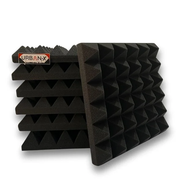 URBAN-X® Pyramid Acoustic Foam Soundproofing Studio 1'x1' ft. - 2 Inches High Density, Soundproof Foam, Noise Reduction Panels, Echo Absorption - Set of 6, Black, Pyramid Acoustic Foam
