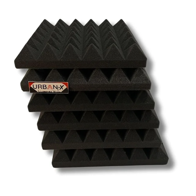 URBAN-X® Pyramid Acoustic Foam Soundproofing Studio 1'x1' ft. - 2 Inches High Density, Soundproof Foam, Noise Reduction Panels, Echo Absorption - Set of 6, Black, Pyramid Acoustic Foam
