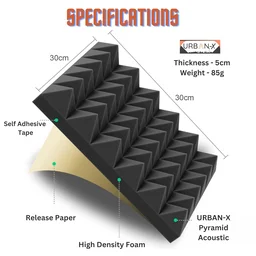 URBAN-X® Pyramid Acoustic Foam Soundproofing Studio 1'x1' ft. - 2 Inches High Density, Soundproof Foam, Noise Reduction Panels, Echo Absorption - Set of 36, Black, Pyramid Acoustic Foam Self Adhesive