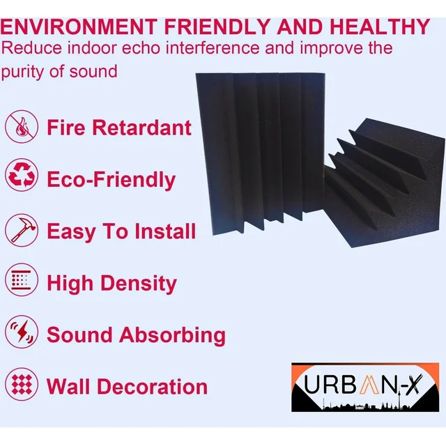 Urban-X URBAN-X Bass Traps Soundproofing Studio Acoustic Foams 12"x12"x24" 50D High Density, Soundproof Foam, Noise Reduction Panels, Echo Absorption - Set of 10, Black