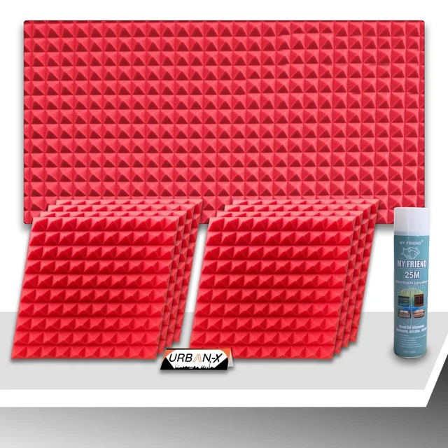 URBAN-X Pyramid Soundproofing Studio Acoustic Foam 1'x1' - 1 Inches 50D High Density, Soundproof Foam, Noise Reduction Panels, Echo Absorption - Pack of 180 + 3 Adhesive Spray, Red, 25mm Thickness