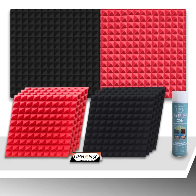 URBAN-X Pyramid Soundproofing Studio Acoustic Foam 1'x1' - 1 Inches 50D High Density, Soundproof Foam, Noise Reduction Panels, Echo Absorption - Pack of 18 + 1 Adhesive Spray, Black & Red, 25mm Thickness