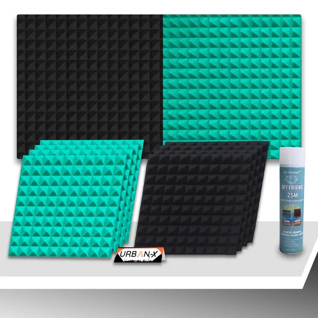 URBAN-X Pyramid Soundproofing Studio Acoustic Foam 1'x1' - 1 Inches 50D High Density, Soundproof Foam, Noise Reduction Panels, Echo Absorption - Pack of 18 + 1 Adhesive Spray, Black & Aqua Green, 25mm Thickness