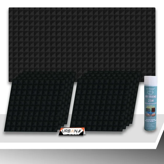 URBAN-X Pyramid Soundproofing Studio Acoustic Foam 1'x1' - 1 Inches 50D High Density, Soundproof Foam, Noise Reduction Panels, Echo Absorption - Pack of 180 + 3 Adhesive Spray, Black, 25mm Thickness