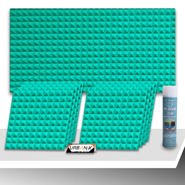 URBAN-X Pyramid Soundproofing Studio Acoustic Foam 1'x1' - 1 Inches 50D High Density, Soundproof Foam, Noise Reduction Panels, Echo Absorption - Pack of 18 + 1 Adhesive Spray, Bright Turquoise, 25mm Thickness