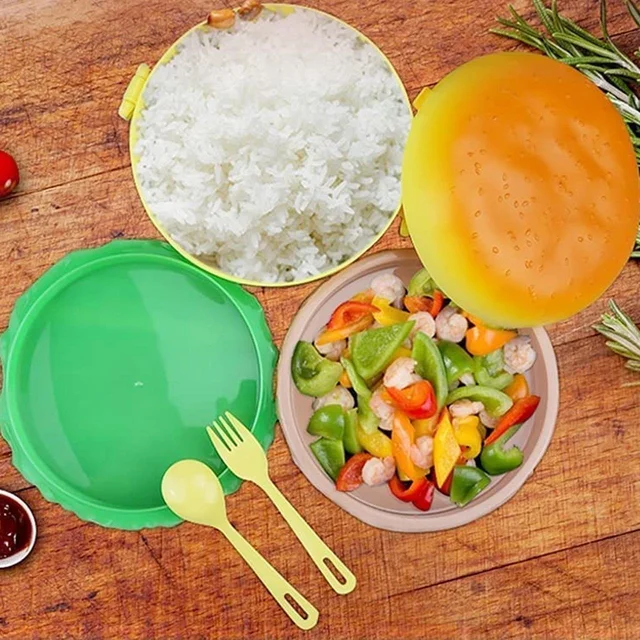 Burger Shape Lunch Box Plastic Lunch Box Food Container Sets Double Layer Lunchbox 1000ml With 2 Spoon Applicable to Kids and Elementary School Students BX5313