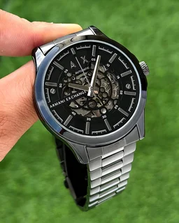 A|X ARMANI_ EXCHANGE_ AX2418 Automatic Skeleton Black Dial Black Stainless Steel Strap Watch For Men - Black, Contact Sales Team On Whatsapp