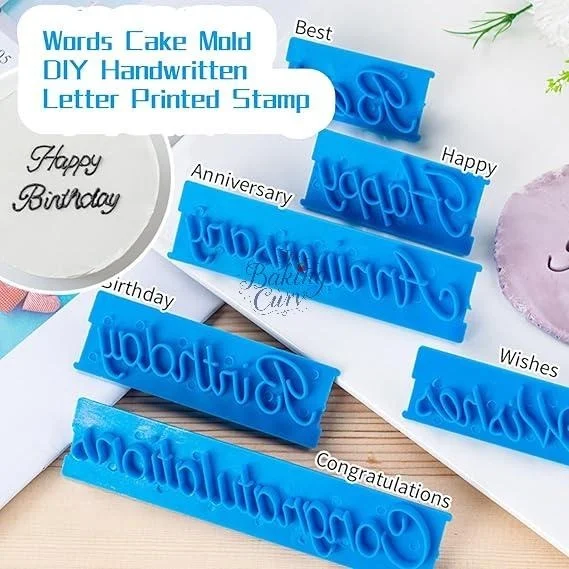 6Pcs Cake Words Stamp, Happy Birthday Best Wishes Congratulation Anniversary Handwritten Letter Cutter
