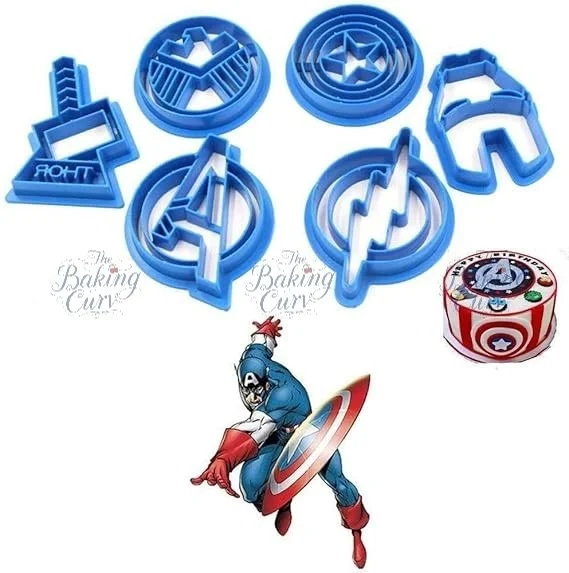 The Baking Curv 6-Piece Superhero Fondant Cutter Set – Captain America, Iron Man, Thor, Flash & Shield Shapes for Theme Cake Decoration
