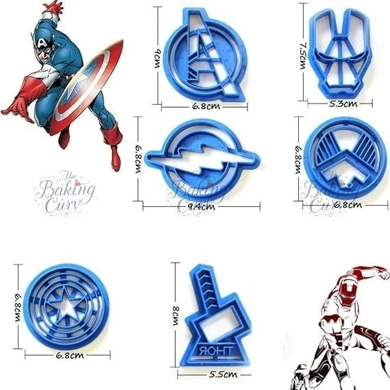 The Baking Curv 6-Piece Superhero Fondant Cutter Set – Captain America, Iron Man, Thor, Flash & Shield Shapes for Theme Cake Decoration