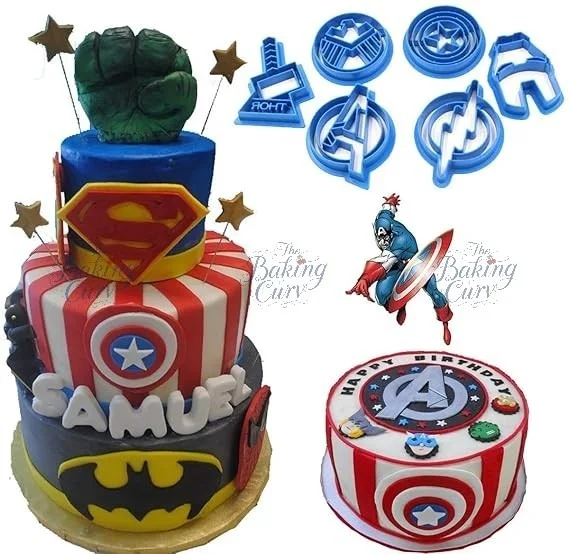 The Baking Curv 6-Piece Superhero Fondant Cutter Set – Captain America, Iron Man, Thor, Flash & Shield Shapes for Theme Cake Decoration