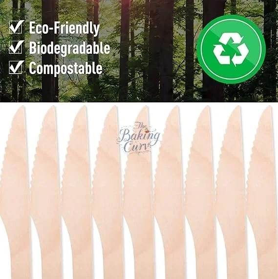 The Baking Curv 160mm Wooden Knife – Disposable, Eco-Friendly Cutlery for Parties & Events - Pack of 50