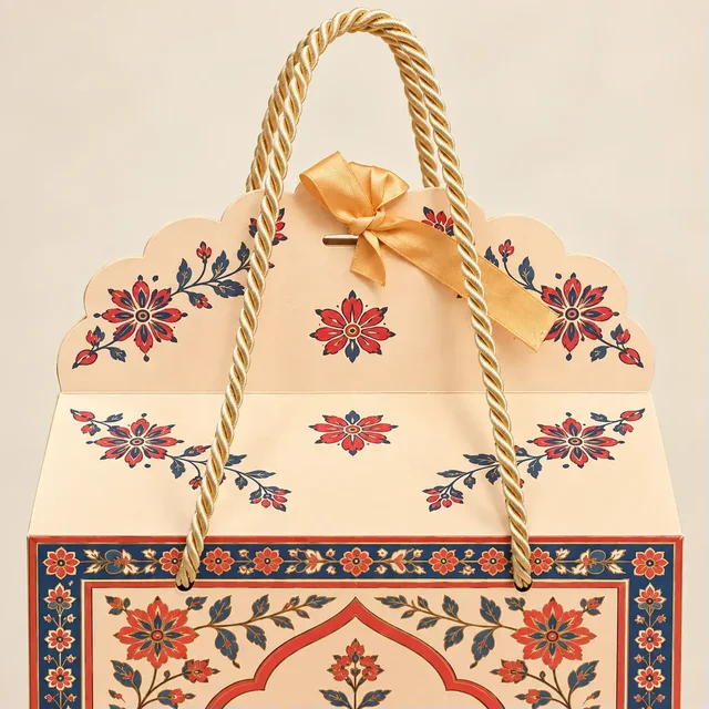 Madhubani Print PRISM Window Hamper Box with Rope Handle – 7 x 5 x 9 Inch -