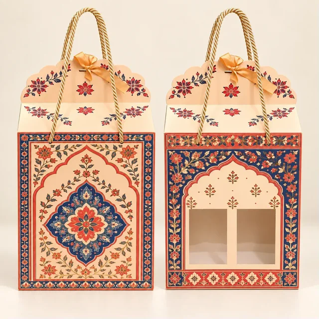 Madhubani Print PRISM Window Hamper Box with Rope Handle – 7 x 5 x 9 Inch -