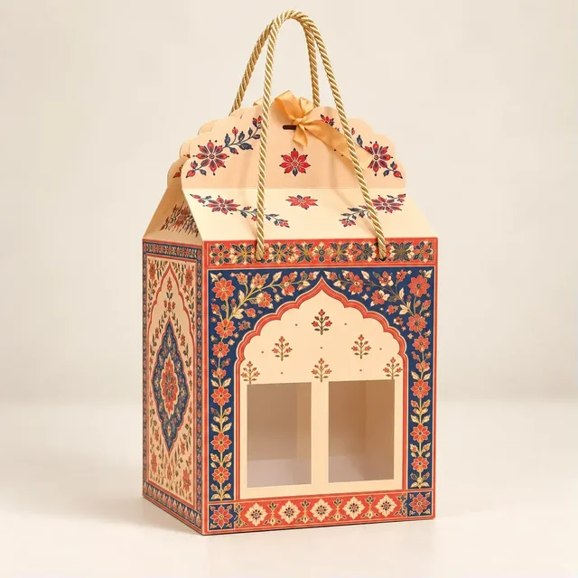 Madhubani Print PRISM Window Hamper Box with Rope Handle – 7 x 5 x 9 Inch -