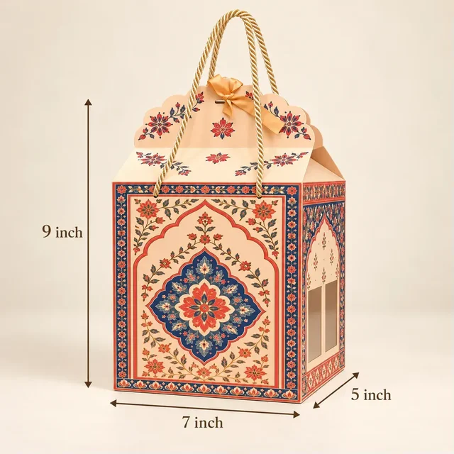 Madhubani Print PRISM Window Hamper Box with Rope Handle – 7 x 5 x 9 Inch -
